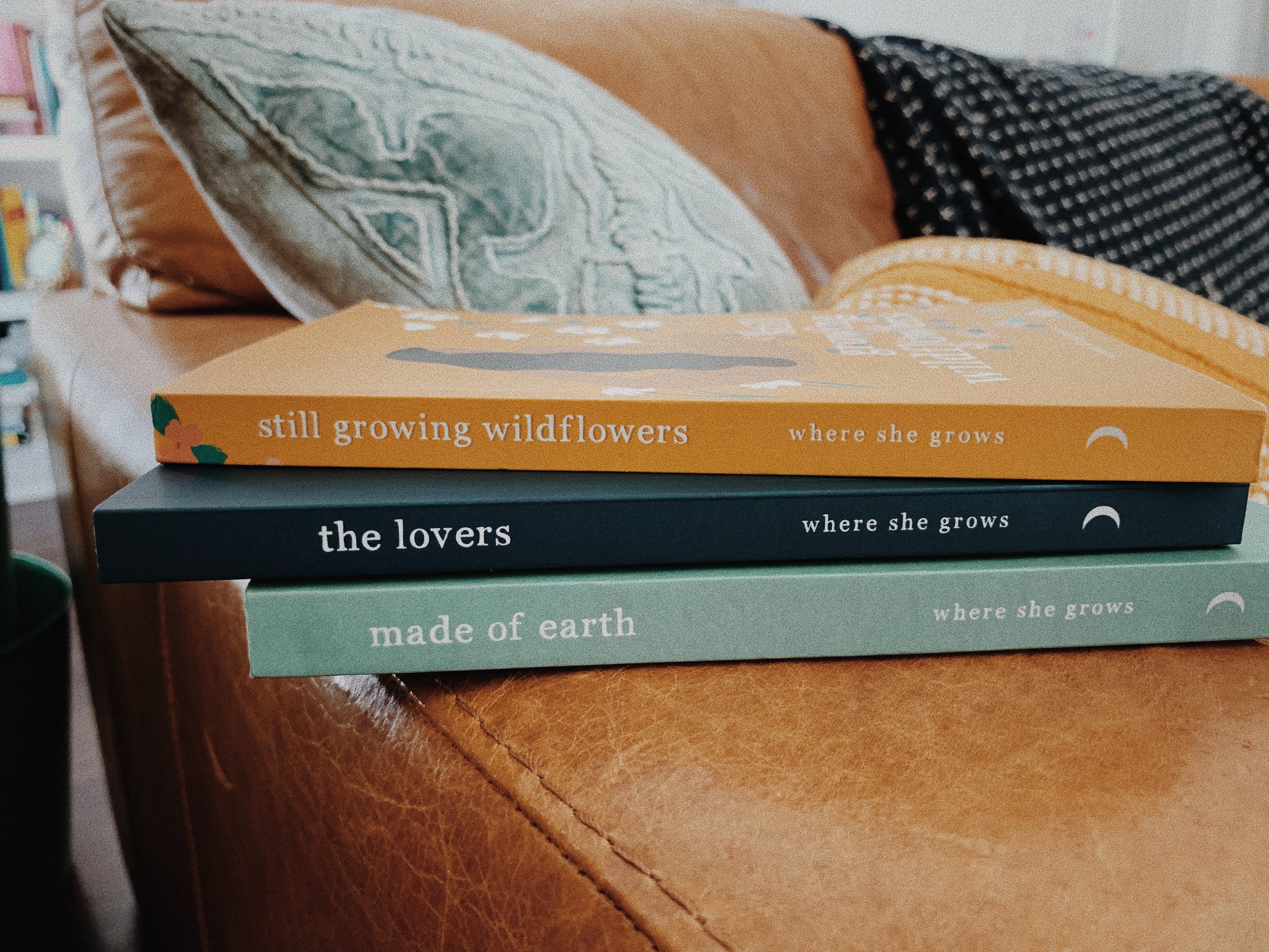 writing a poetry book: three colorful poetry books stacked on the arm of a couch